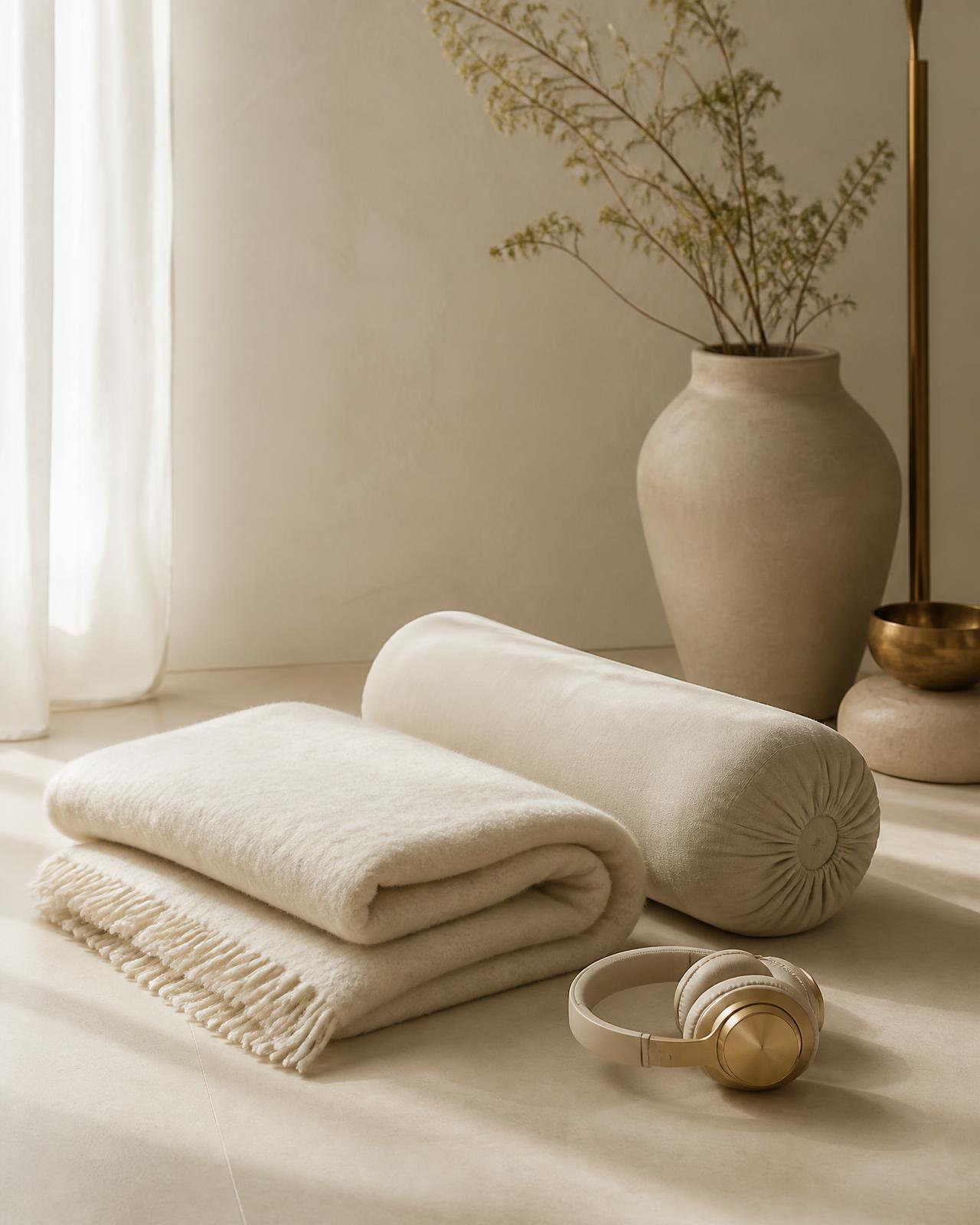 A folded blanket, bolster and headphones prepared for a breathwork session